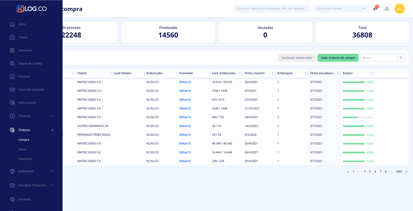Módulo de Órdenes de Compra en la plataforma KLog.co